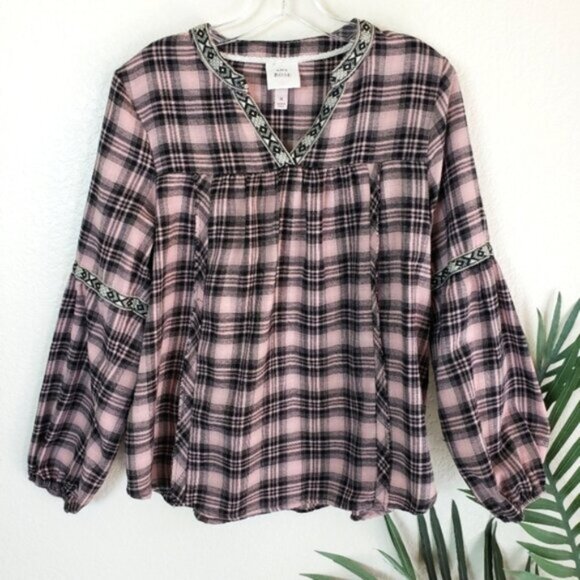 Knox Rose Bohemian Plaid Puff Sleeve Peasant Blouse Top size M - Picture 2 of 12